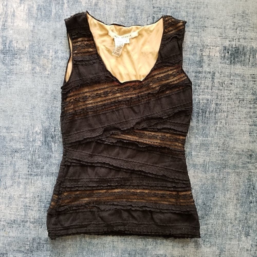 Max Studio Black Ruffle and Lace Tank S